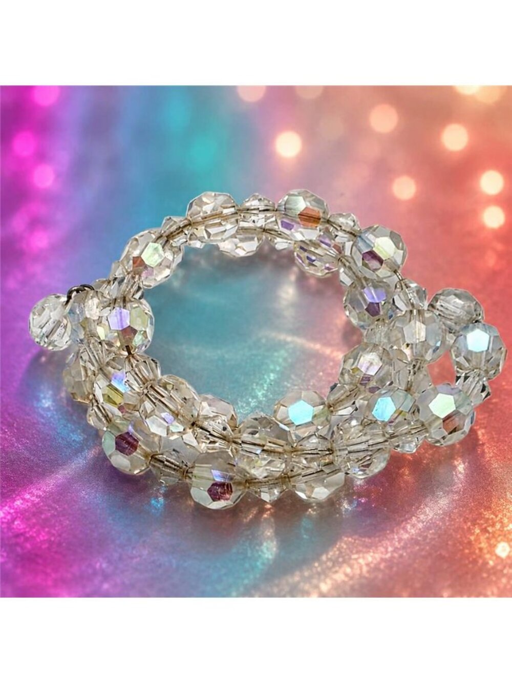 Clear AB Crystal Beaded Coil Wrap Bracelet 8mm Memory Wire 15.5in